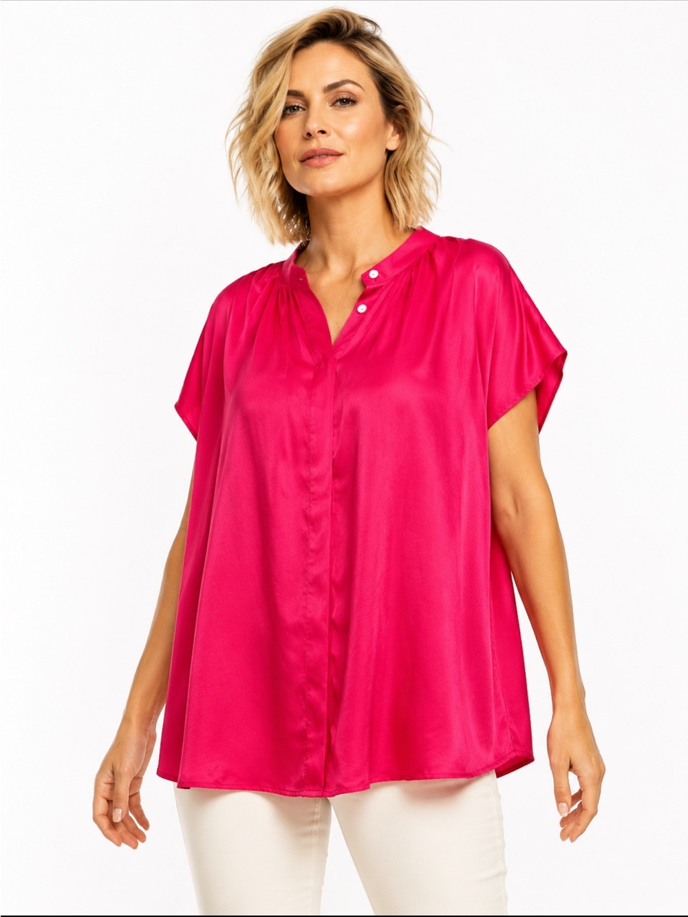 Banana Republic 100% SILK Hot Pink Flowy Gathered Blouse Relaxed Fit NWT Size XL